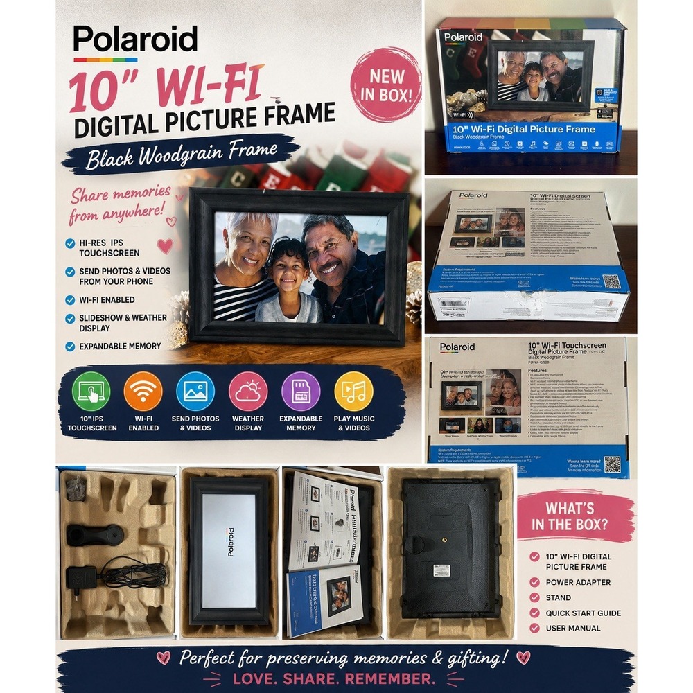 Polaroid 10" Wi-Fi Touchscreen Digital Picture Frame Woodgrain Black PDWX-1050B
